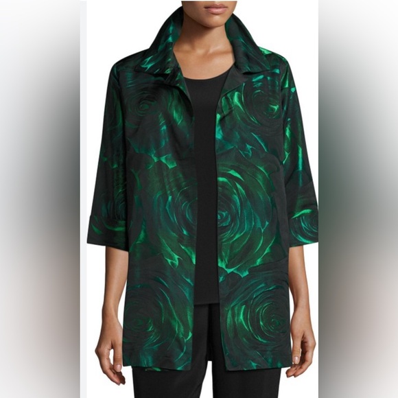 Vintage Caroline Rose Statement Jacket Size L. Green Rose Print. - Picture 1 of 8